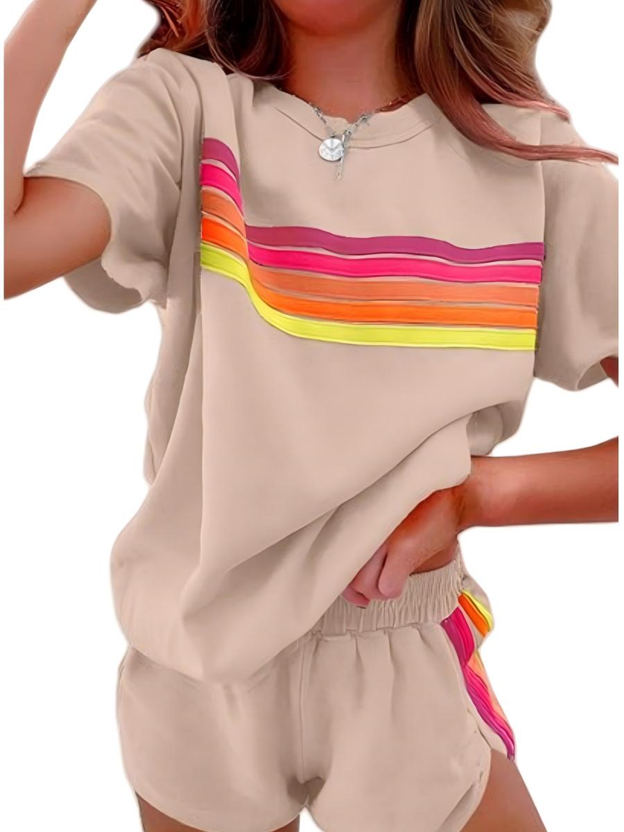 Rainbow Stripe Casual T-Shirt & Shorts Loungewear Set