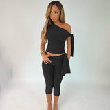 Asymmetrical Neck Sleeveless Tie Slim Capri Pants Set