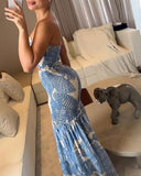 Strapless Smocked Printed Sexy Mermaid Maxi Dress