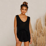 Deep V-Neck Knit Tank & Shorts Cotton-Blend Two-Piece Set