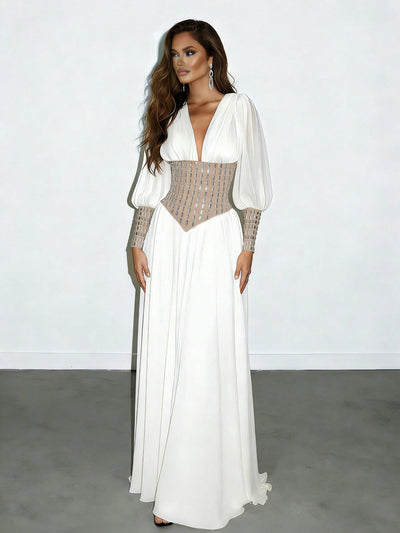 White Deep V‑Neck Maxi Dress with Rhinestone Corset Belt