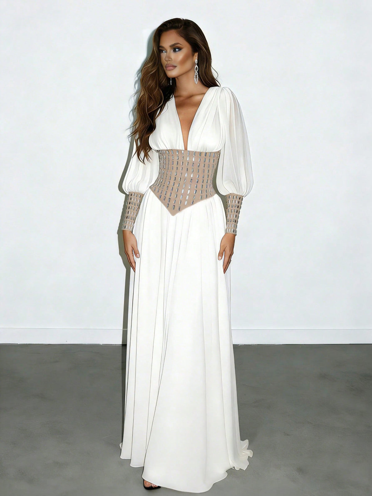 White Deep V‑Neck Maxi Dress with Rhinestone Corset Belt