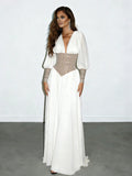 White Deep V‑Neck Maxi Dress with Rhinestone Corset Belt