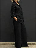 Cotton Linen Collared Shirt & Wide Leg Pants Two-Piece Set