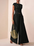 Cross Wrap Irregular Top & High-Waisted Wide Leg Pants Set