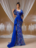 Royal blue floral embroidered mermaid evening gown with elegant puff sleeves, a high slit, and a dramatic side sash train for formal galas or weddings.