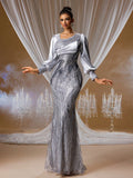 Silver sequin mermaid evening gown with a draped one-shoulder satin panel, elegant lantern sleeves, and intricate crystal embroidery for red carpet events.