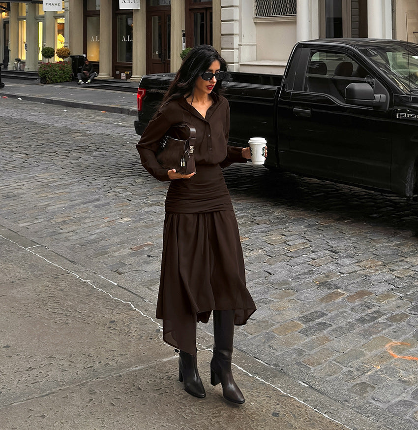 Chocolate Brown Shirt & Asymmetric Chiffon Skirt Two-Piece Set