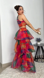 Rainbow Tie-Dye Halter Crop Top & Tiered Ruffle Maxi Skirt Set