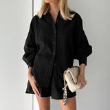 Jacquard Puff Sleeve Shirt and Shorts Two-Piece Set