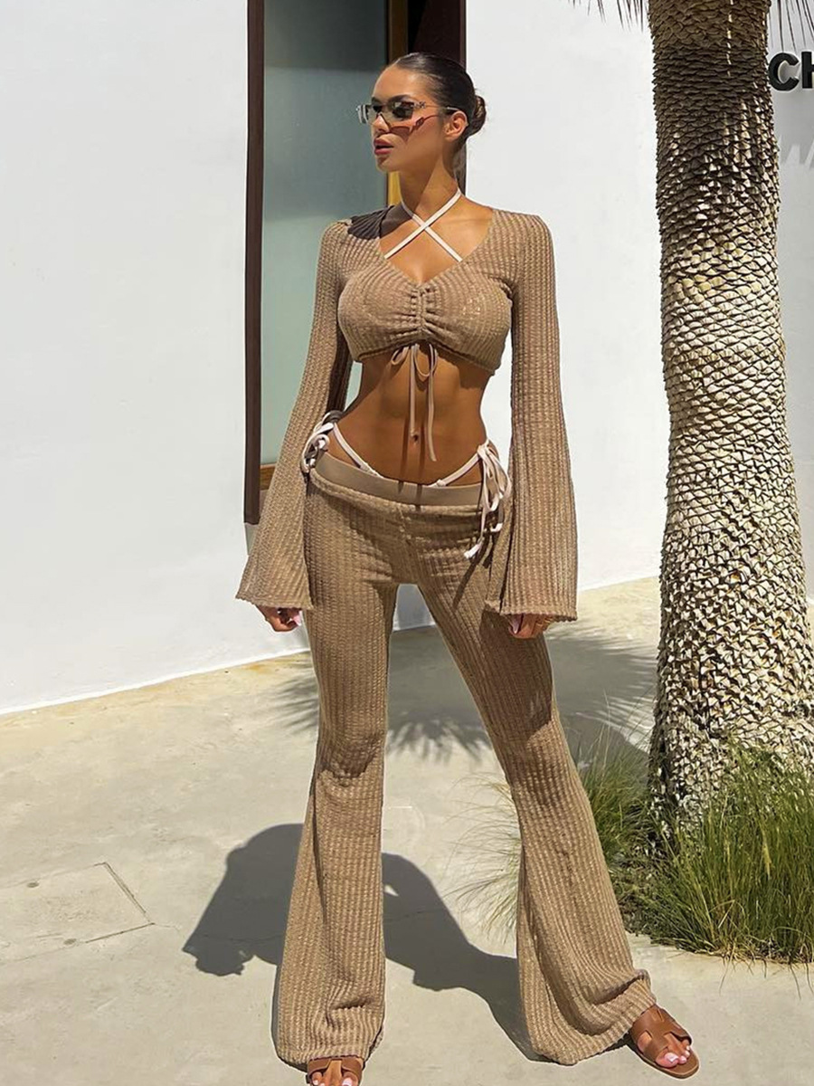 Boho Chic Ribbed Knit Two-Piece Set - Flare Pants & Drawstring Crop Top