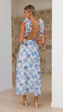 Floral Print Ruffle Strap Lace-Up Back Maxi Dress