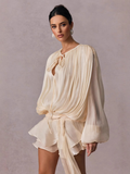 Fully Pleated Ruffled Mini Dress with Twist Design and Long Sleeves