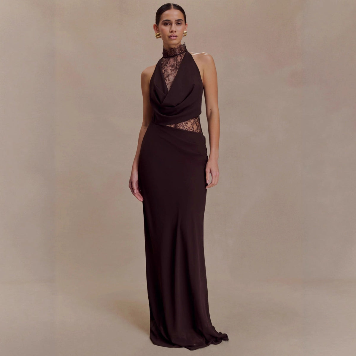 Halter Neck Lace Patchwork Bodycon Maxi Dress