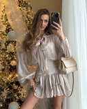 Tie-Front Top and High-Waist Ruched Skirt Two-Piece Set with Puff Sleeves