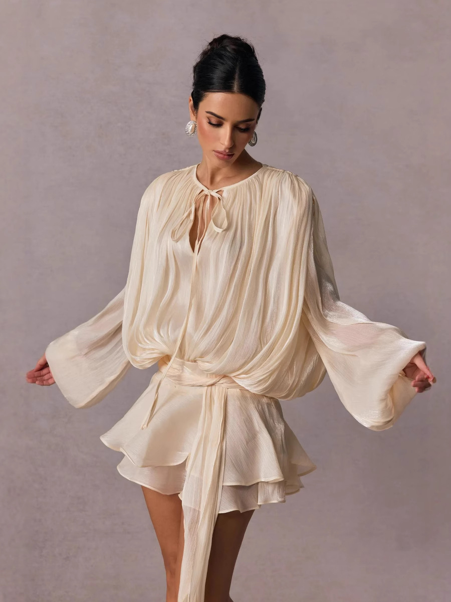 Fully Pleated Ruffled Mini Dress with Twist Design and Long Sleeves
