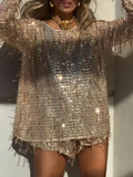 Sequin Fringe Long Sleeve Top & Shorts Two-Piece Set