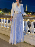 V-Neck Shirt & Sequin Wide-Leg Pants Two-Piece Set