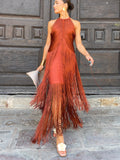 Halter Tassel Maxi Dress – Sleeveless High-Waist Evening Gown
