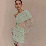 One-Shoulder Lace Patchwork Knit Bodycon Mini Dress