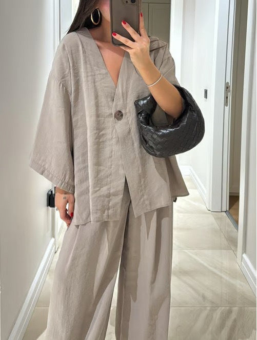 V-Neck One-Button Top & High-Waist Trousers Two-Piece Set