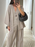 V-Neck One-Button Top & High-Waist Trousers Two-Piece Set