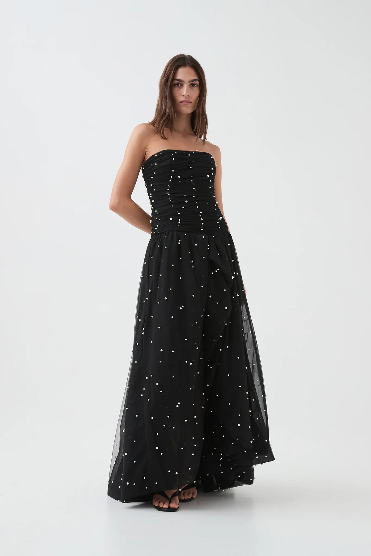 Strapless Ruched Pearl Bead Tulle Gown