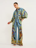 Tropical Bird Print Linen Blouse & Wide-Leg Pants Two-Piece Set