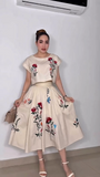 French Floral Embroidered Crop Top & Midi Skirt Two-Piece Set