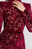 Burgundy Floral Lace High-Neck Midi Dress