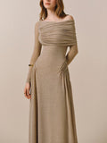 Asymmetrisches, schulterfreies, gerafftes Maxikleid mit hoher Taille 