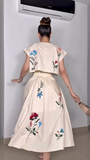 French Floral Embroidered Crop Top & Midi Skirt Two-Piece Set