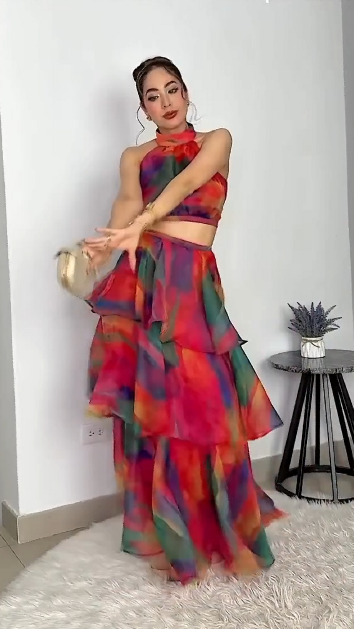 Rainbow Tie-Dye Halter Crop Top & Tiered Ruffle Maxi Skirt Set