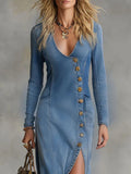 Long Sleeve V-Neck Button-Front Denim Maxi Dress