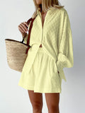 Jacquard Puff Sleeve Shirt and Shorts Two-Piece Set