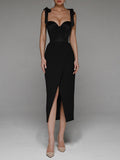 Sweetheart Neck Bow Strap Slit Midi Evening Dress