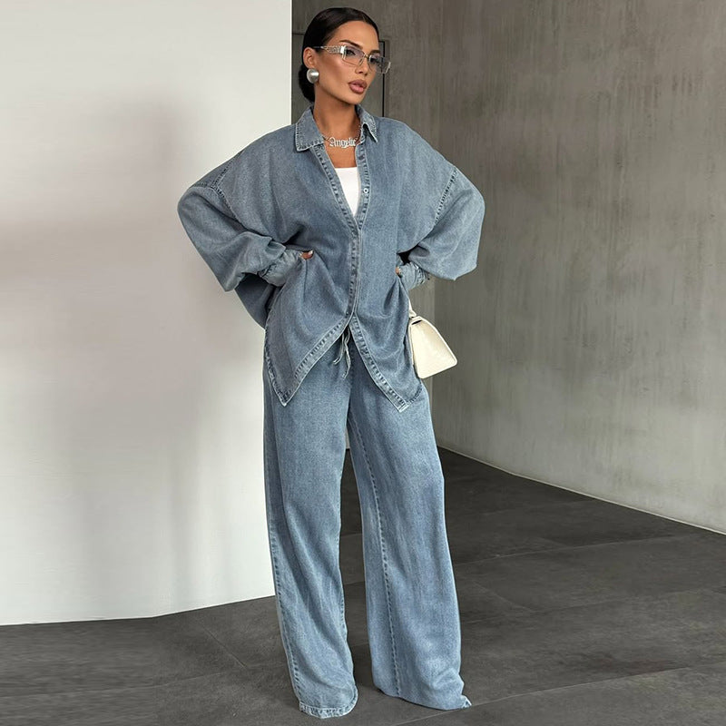 Oversized Denim Shirt & Wide-Leg Pants Two-Piece Set