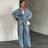 Oversized Denim Shirt & Wide-Leg Pants Two-Piece Set