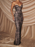 Lace Stripe Strapless Backless Bodycon Maxi Dress