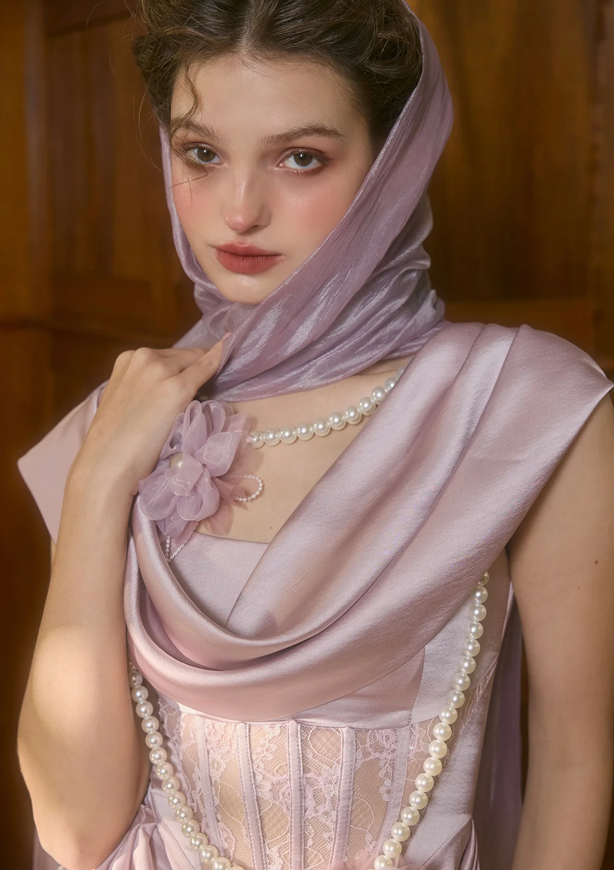 Lilac Satin Lace Corset Midi Dress