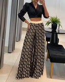 Bedruckte Palazzo-Hose mit hohem Bund und weitem Bein 