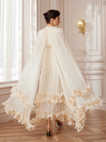 White Cape-Sleeve Ruffle Midi Dress with Lace-Up Waist and 3D Floral Appliqués