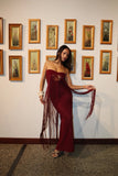 Burgundy Fringe Strapless Cutout Maxi Dress