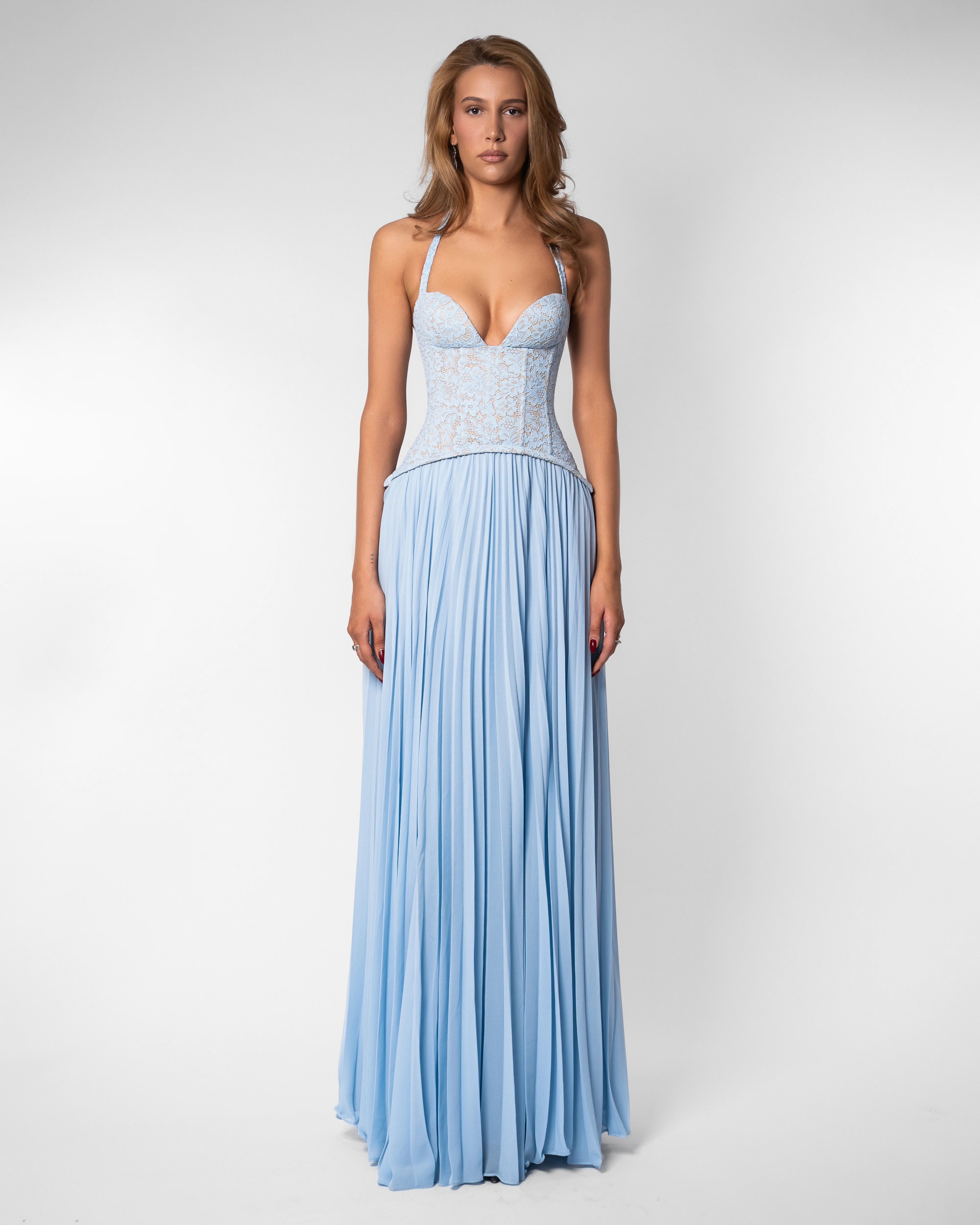 lace corset pleated maxi dress Daniella Lace Corset Pleated Maxi Dress