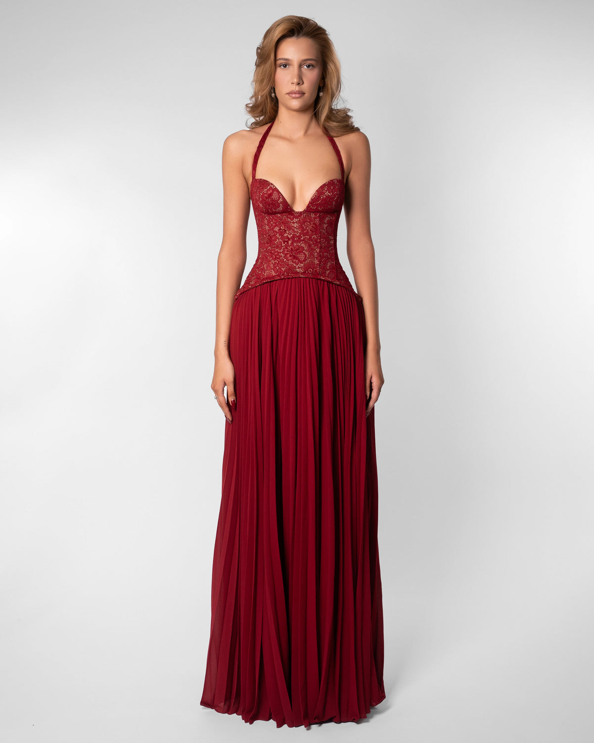 Halter Neck Lace Corset Maxi Dress with Pleated Skirt