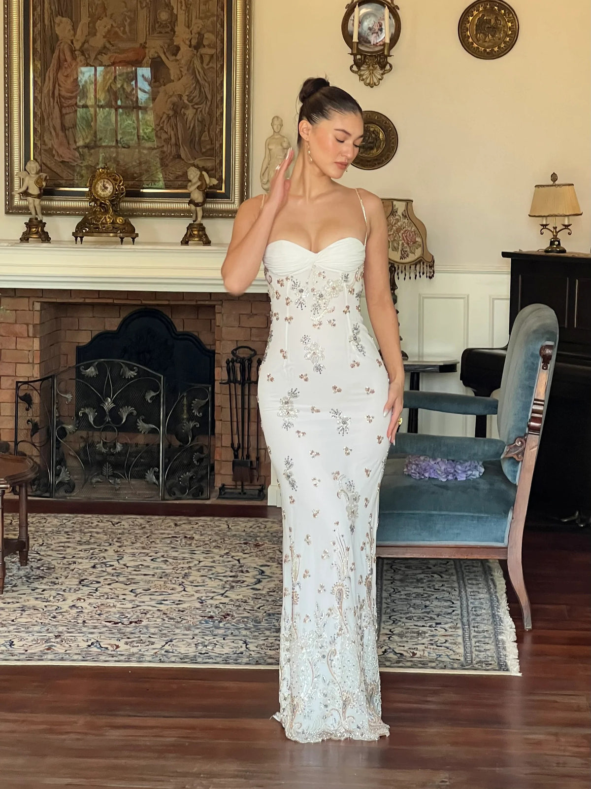 White Embellished Spaghetti Strap Maxi Dress