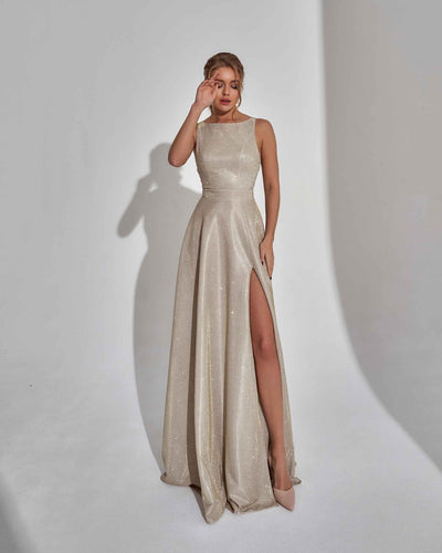 Champagne Glitter Boat Neck Open Back A-Line Evening Gown