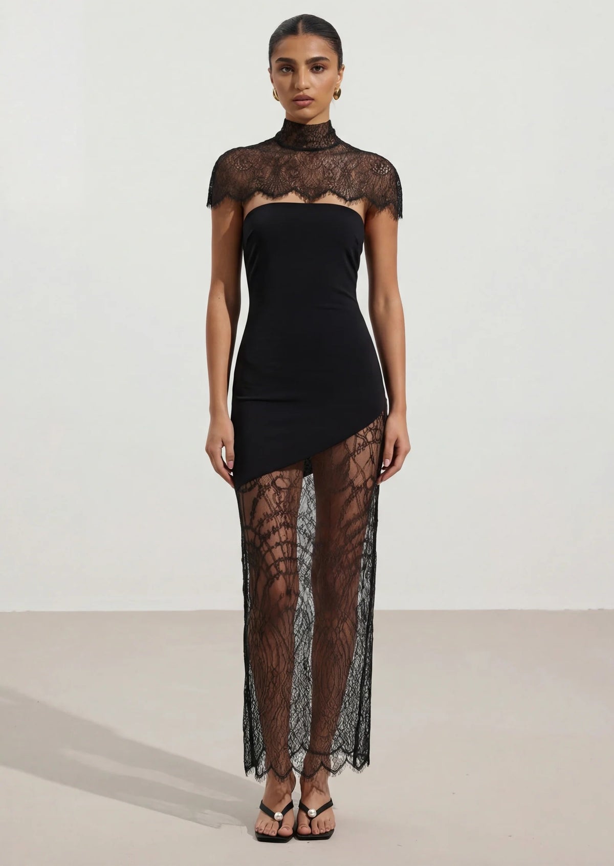 Black Strapless Dress with Lace Capelet and Sheer Overlay