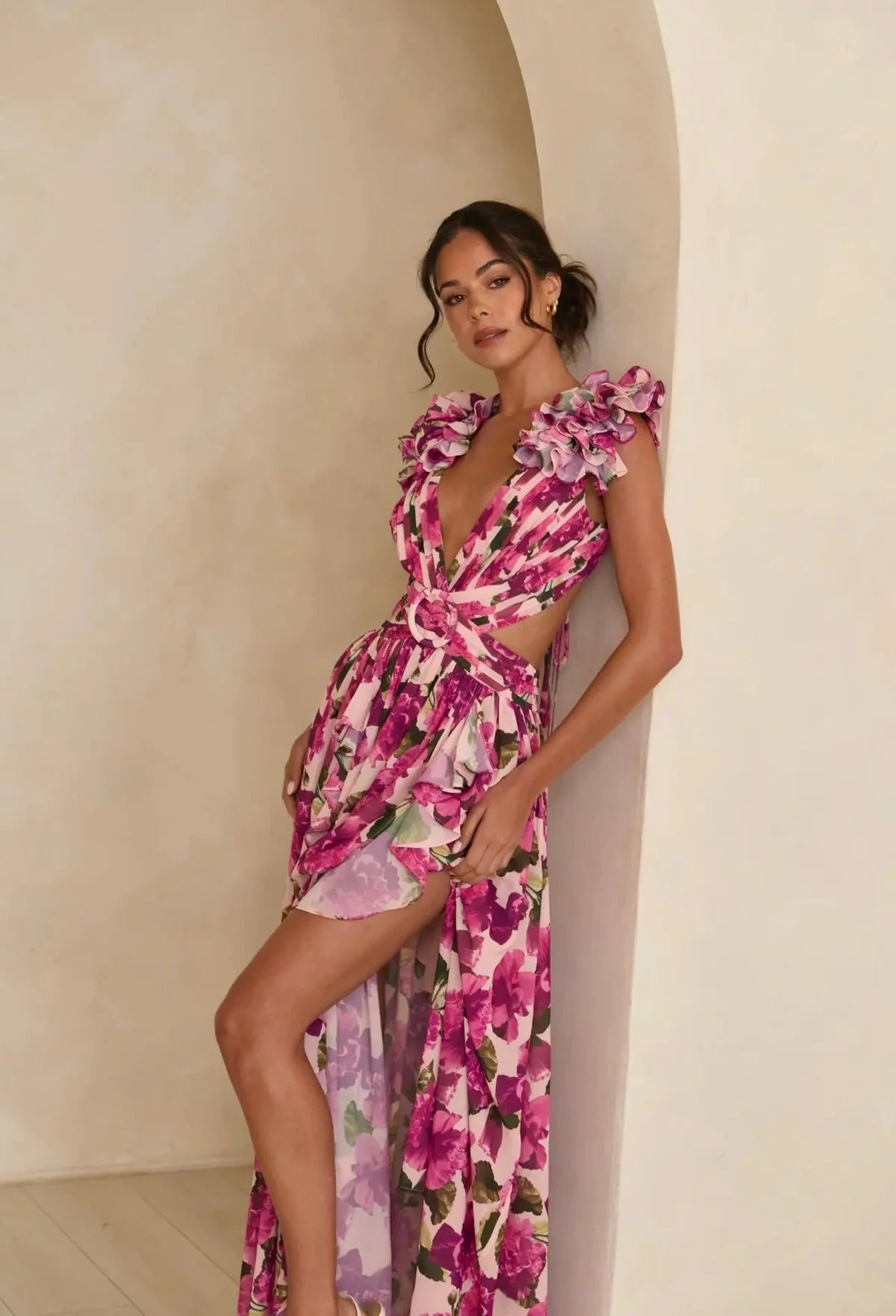 Ruffled Floral Cutout Maxi Dress with Deep V Neck