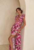 Ruffled Floral Cutout Maxi Dress with Deep V Neck
